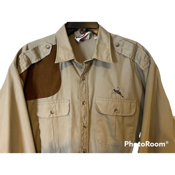 Vintage Avis Sports Hunting Safari Shooting Duck Shirt Khaki Button Up Mens - Picture 10 of 10